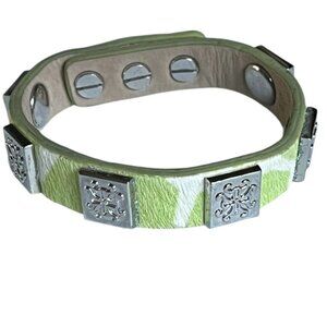 Rustic Cuff Single Wrap Leather Logo Bracelet Animal Print Lime Green